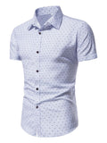 Men's Blue And White Slim Fit Printed Short Sleeve Shirt