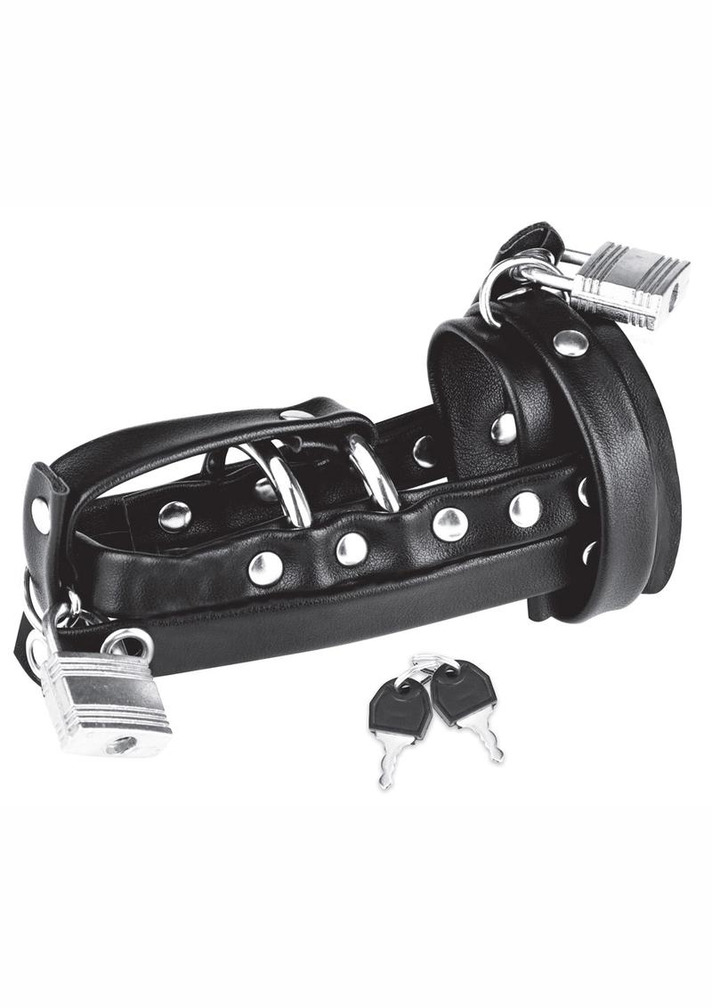 Blue Line C and B Gear Gimp Cock Locking Chastity Sheath with Metal Double Cock Ring