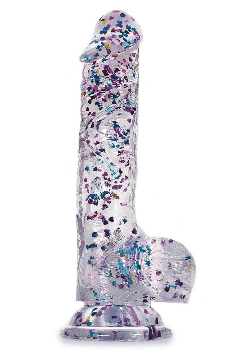 Glittergasm Realistic Clear Dildo with Balls and Suction Cup - Red/Orange/Golden Glitter
