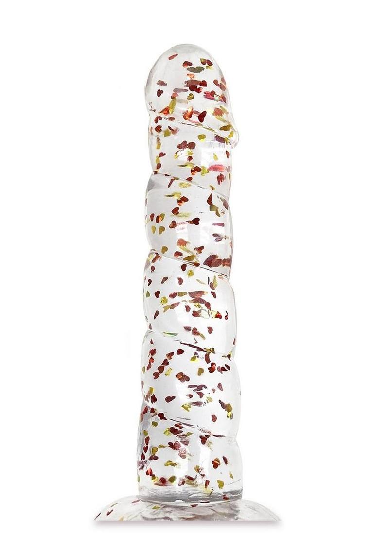 Glittergasm Swirl Clear Dildo with Suction Cup - Orange/Red/Golden Glitter
