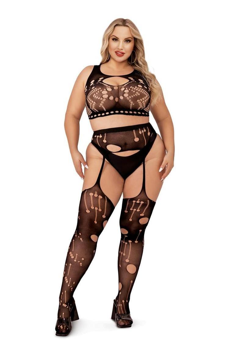 Lapdance Lingerie Crop Top and Garter Hose Set (2 Piece) - Queen Size