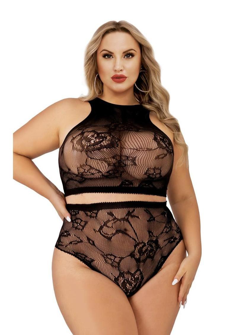 Lapdance Lingerie Crop Top and High Waist Hot Pants (2 Piece) - Queen Size