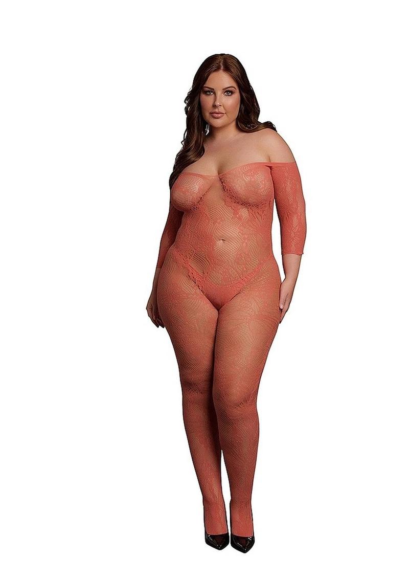 Le Desir Lace Long Sleeved Bodystocking - Queen - Sunset Glow