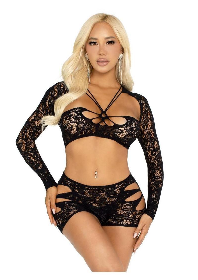 Leg Avene Lace Cut-Out Bra Top, Attached Shrug, and Boy Shorts