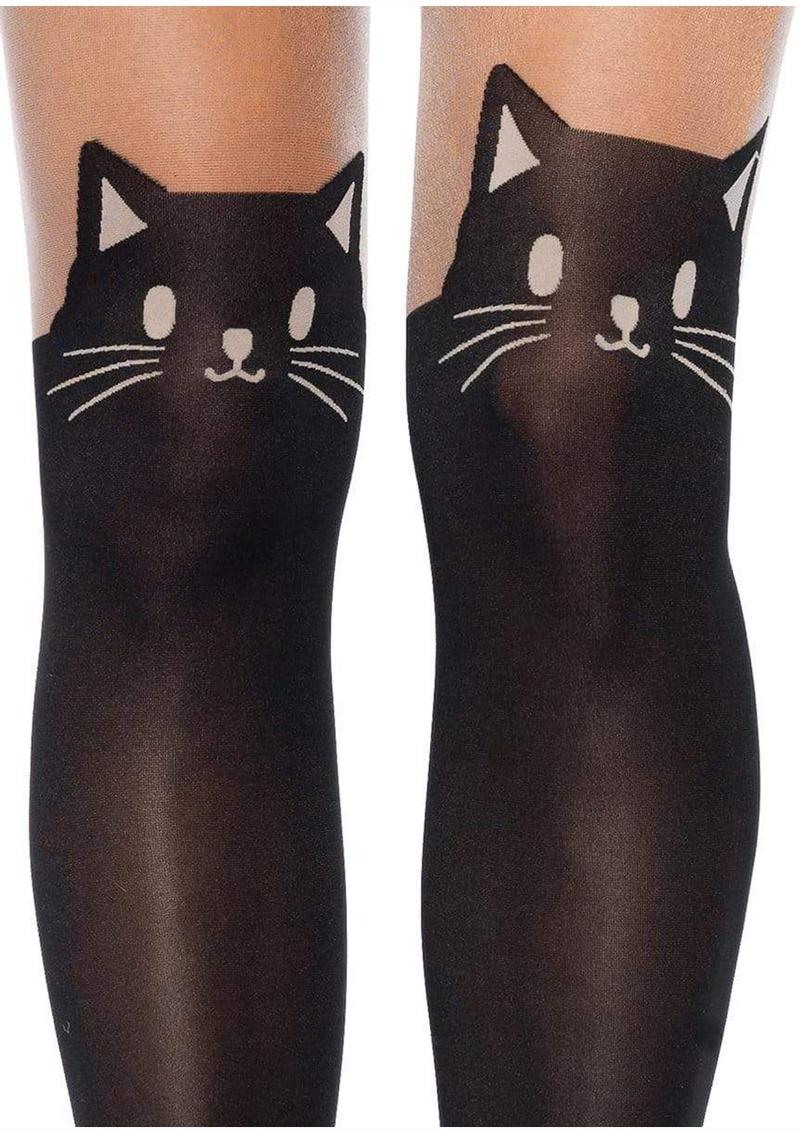 Leg Avenue Black Cat Spandex Opaque Pantyhose with Sheer Thigh Accent