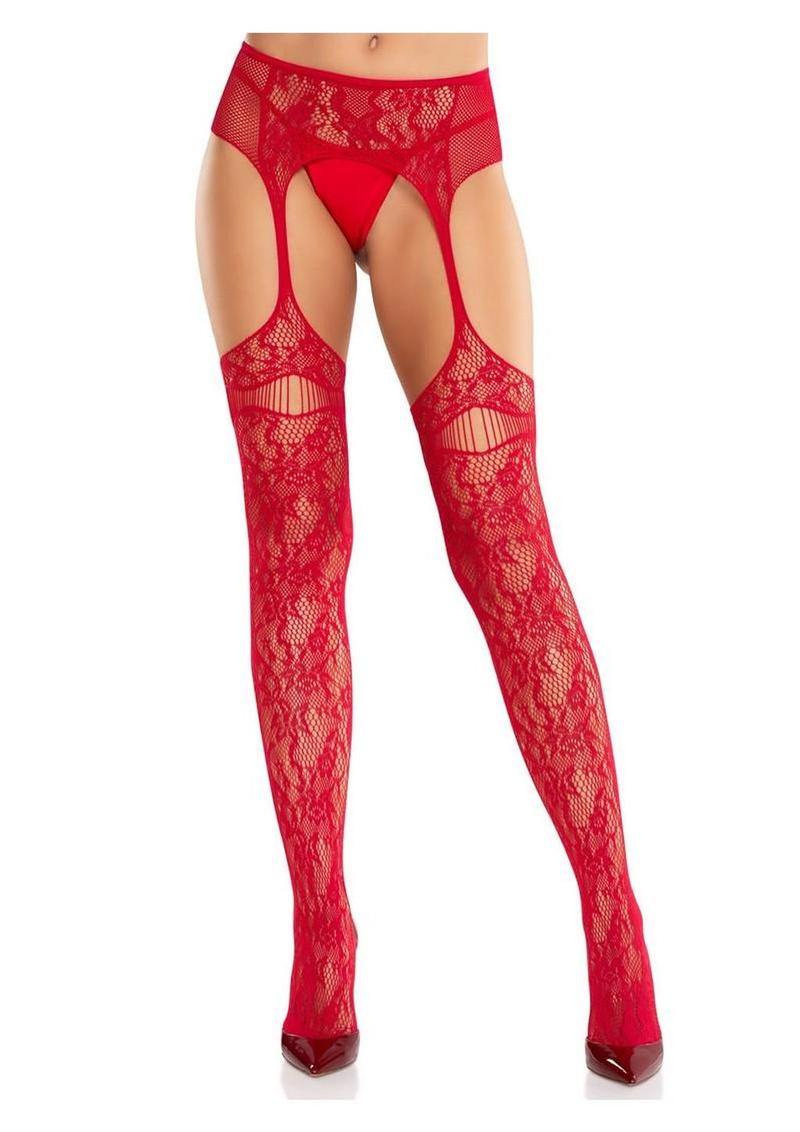 Leg Avenue Bloom Net Stockings with Cut-Out Thigh Detail and Attached Garter Belt