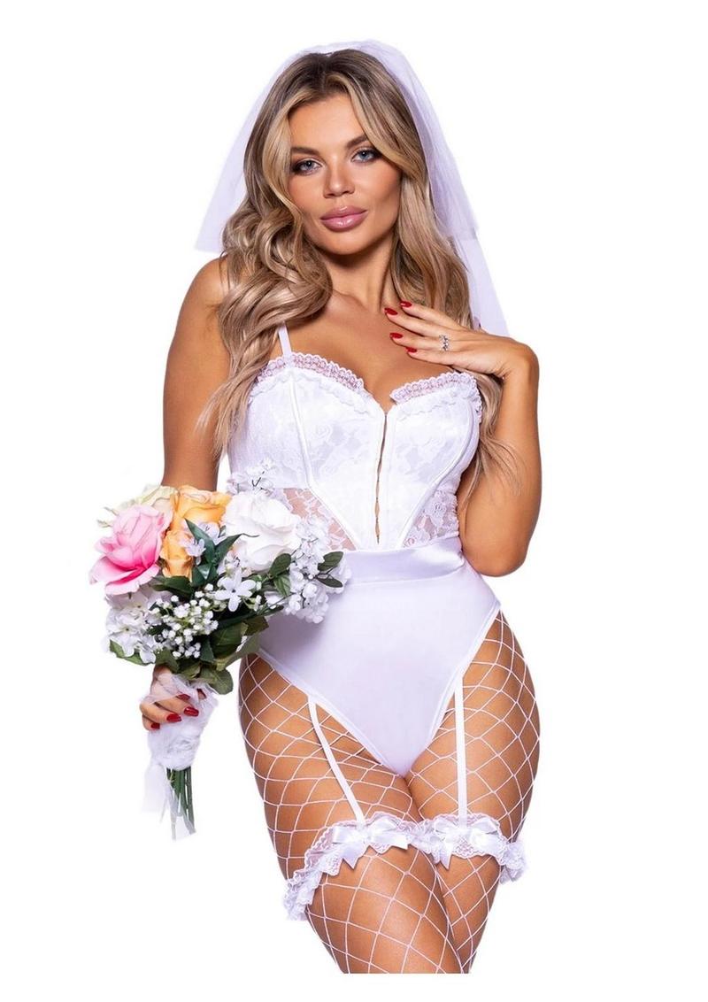 "Leg Avenue Bridal Babe Lace Garter Bodysuit, Bow and Train Bustle, and Bridal Veil"