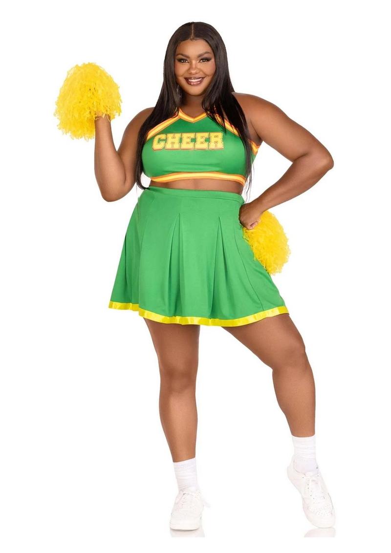 "Leg Avenue Bring It Baddie Set Top with Cheer Logo, Pleated Skirt and Pom Pom"