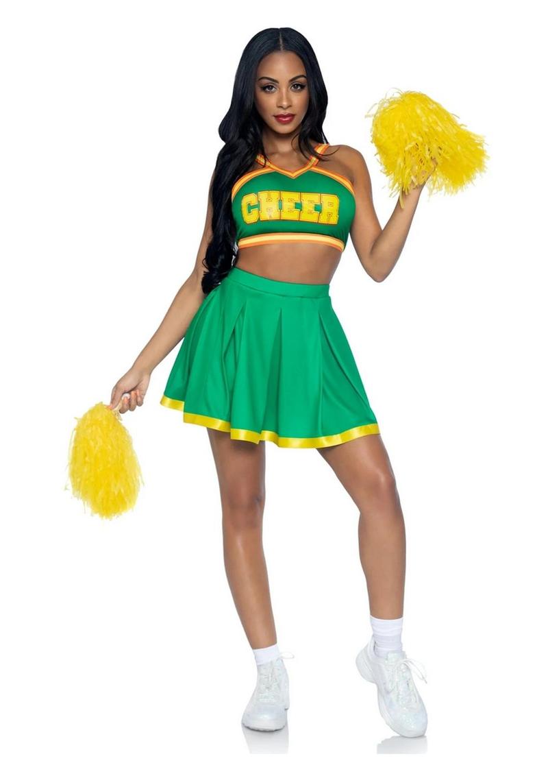 "Leg Avenue Bring It Baddie Set Top with Cheer Logo, Pleated Skirt and Pom Pom"