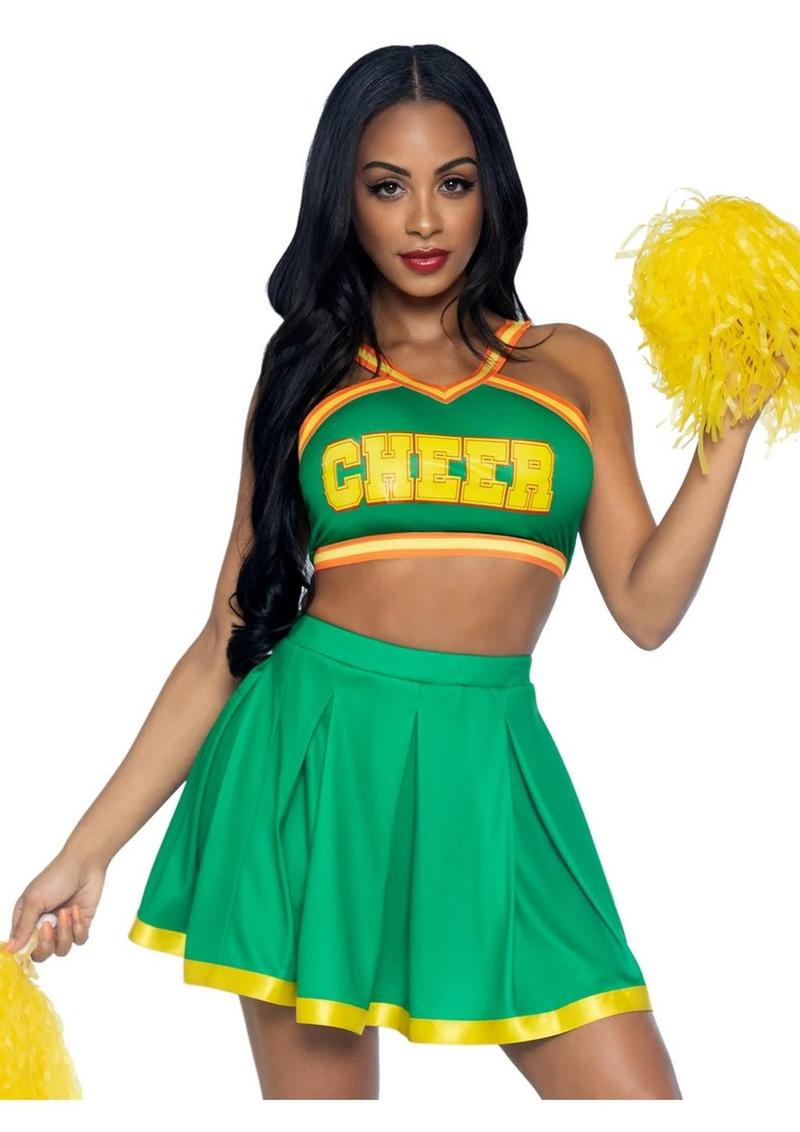 "Leg Avenue Bring It Baddie Set Top with Cheer Logo, Pleated Skirt and Pom Pom"