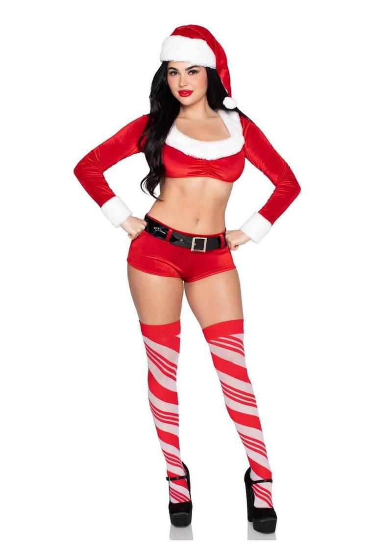 "Leg Avenue Christmas Cutie Costume, Velvet Crop Top with Faux Fur Trim, Shorts, Belt and Santa Hat"
