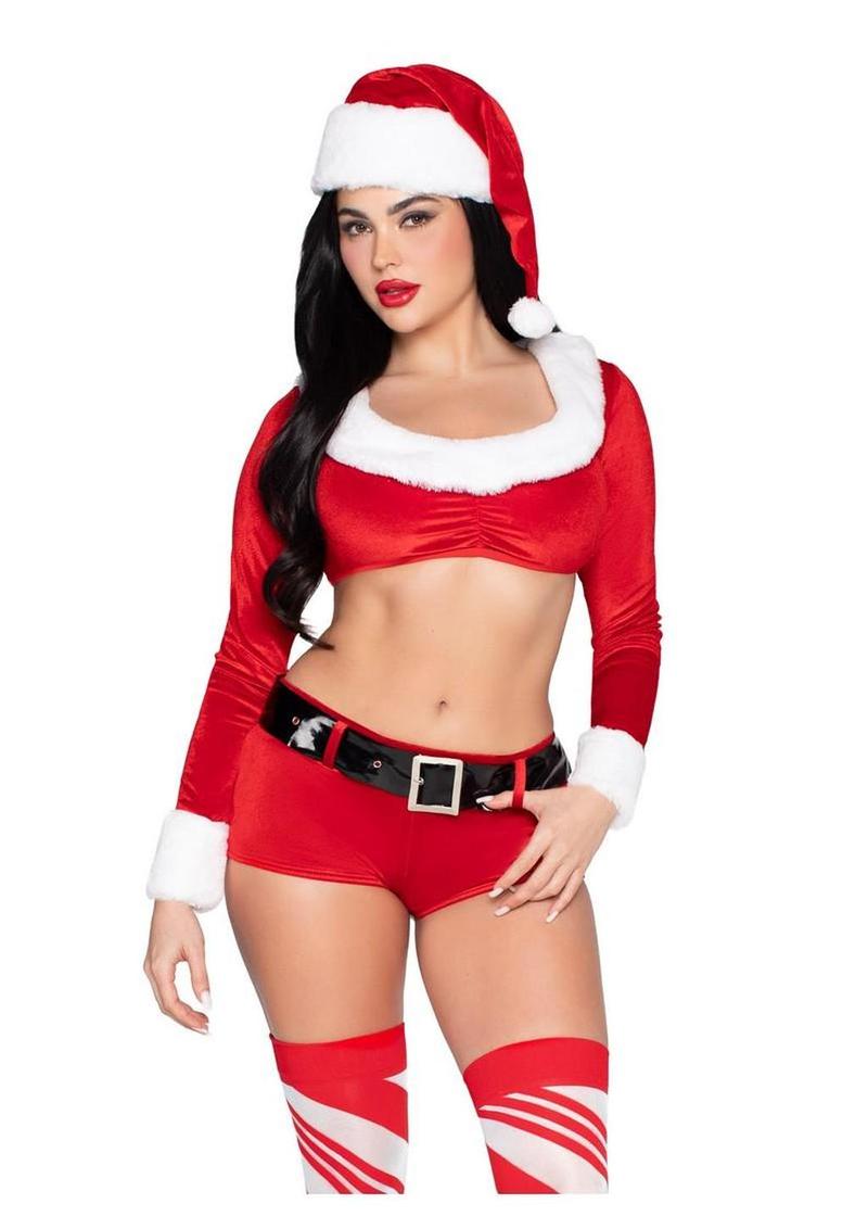 "Leg Avenue Christmas Cutie Costume, Velvet Crop Top with Faux Fur Trim, Shorts, Belt and Santa Hat"
