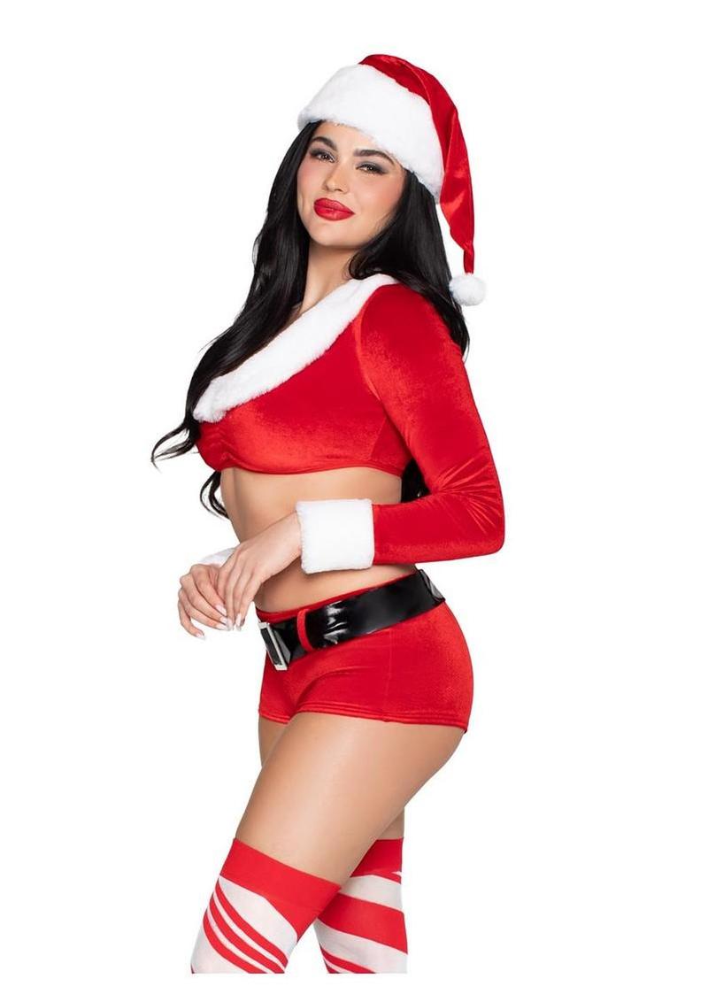 "Leg Avenue Christmas Cutie Costume, Velvet Crop Top with Faux Fur Trim, Shorts, Belt and Santa Hat"