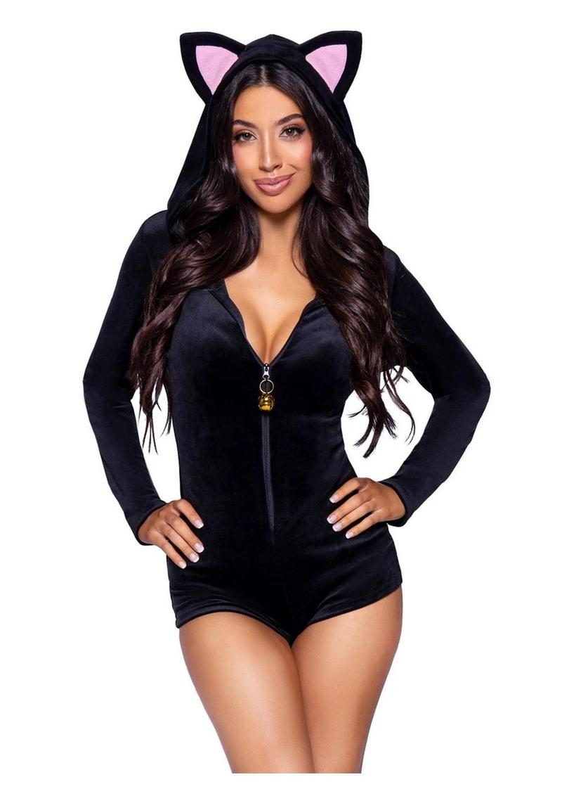 Leg Avenue Comfy Cat Ultra-Soft Velvet Plush Zip Up Romper