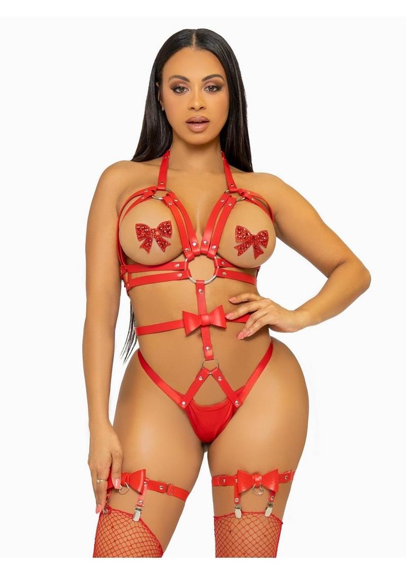 "Leg Avenue Convertible Vegan Leather O-Ring Studded Harness Teddy with Panty, Straps, and Bow"