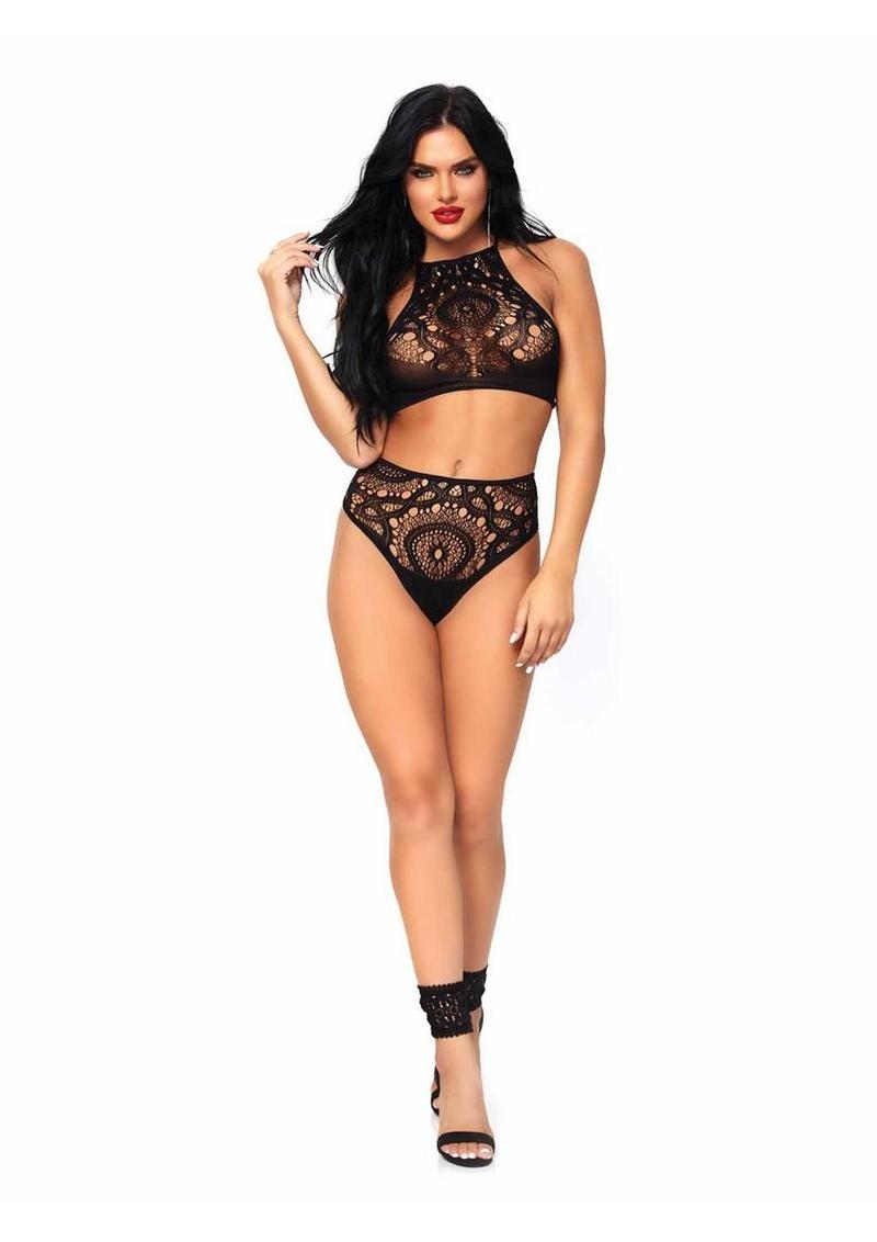 Leg Avenue Crochet Lace Halter Crop Top with Strappy Back Detail and High Waist Thong Panties