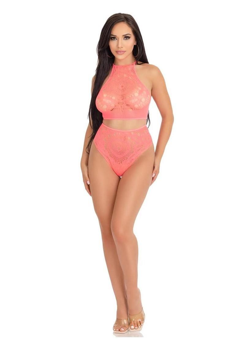 Leg Avenue Crochet Lace Halter Crop Top with Strappy Back Detail and High Waist Thong Panties