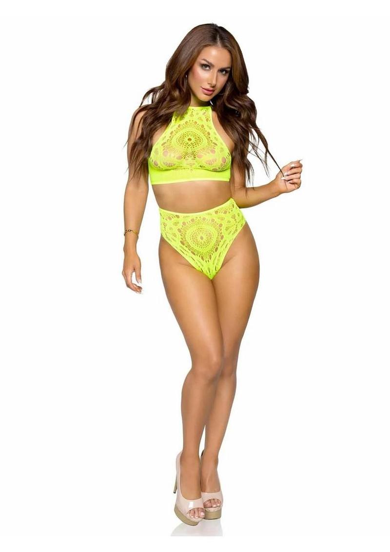 Leg Avenue Crochet Lace Halter Crop Top with Strappy Back Detail and High Waist Thong Panties