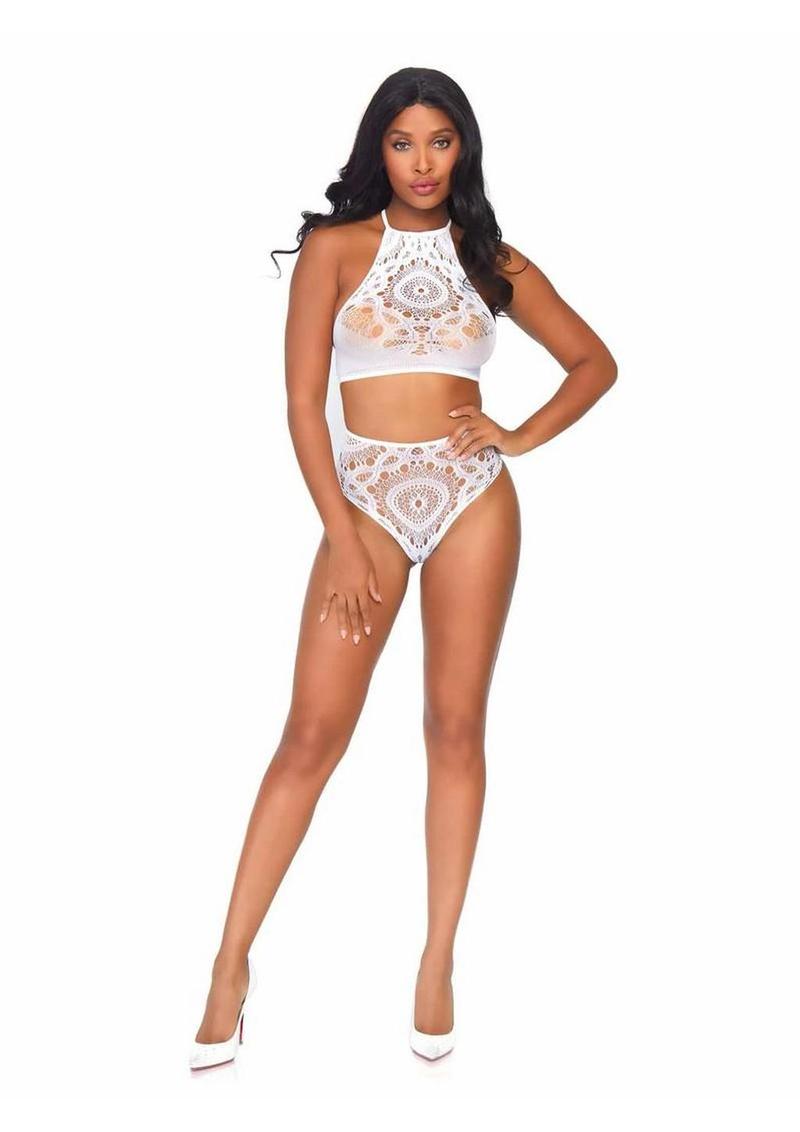 Leg Avenue Crochet Lace Halter Crop Top with Strappy Back Detail and High Waist Thong Panties