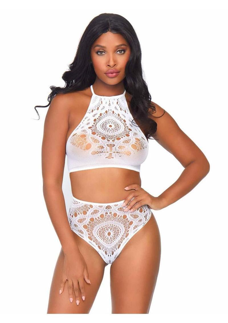 Leg Avenue Crochet Lace Halter Crop Top with Strappy Back Detail and High Waist Thong Panties