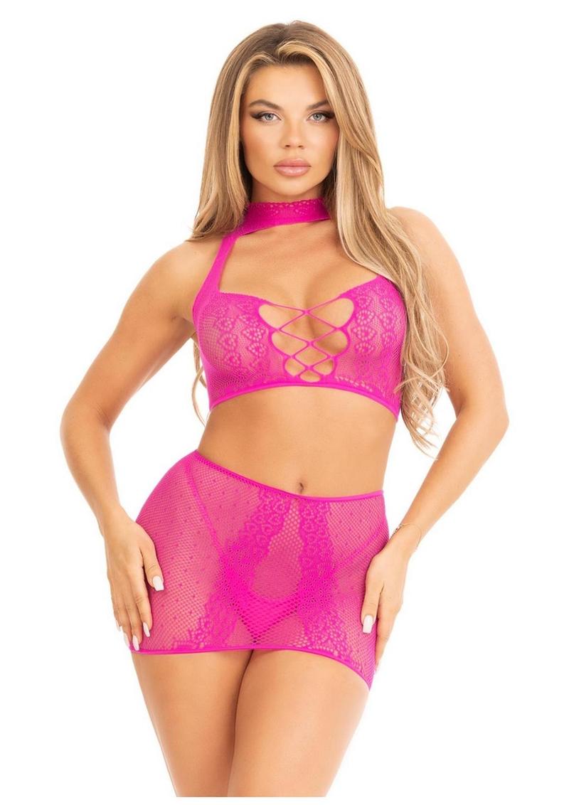 Leg Avenue Dotted Net and Lace Halter Crop Top with Faux Lace Up Front and Mini Skirt