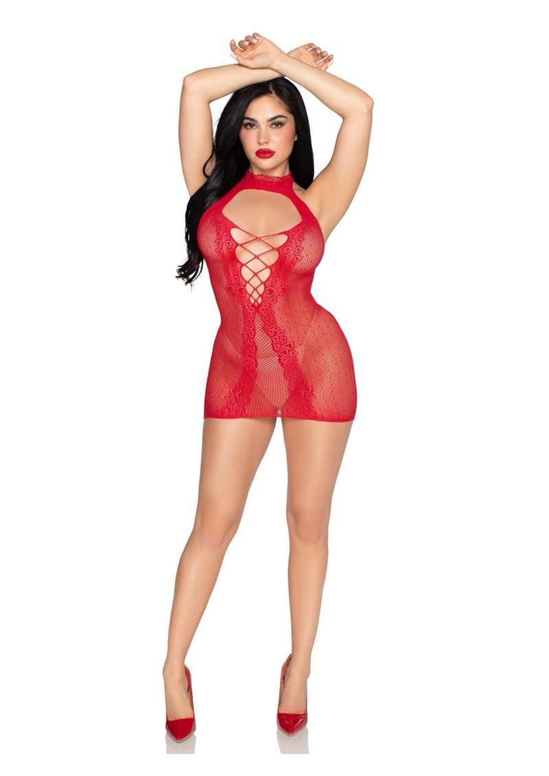 Leg Avenue Dotted Net and Lace Halter Mini Dress with Faux Lace-Up Open Back
