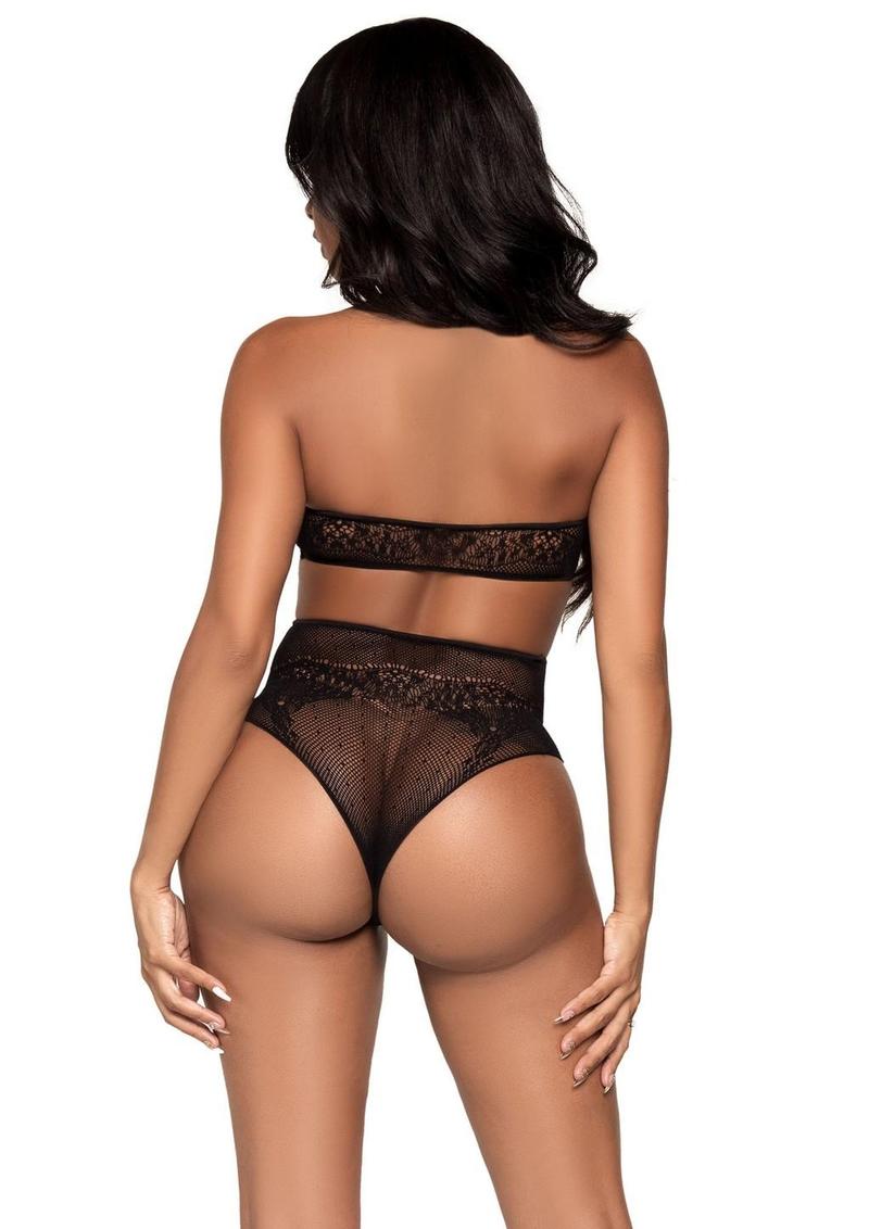 Leg Avenue Dotted Net Keyhole Halter Crop Top with Lace Accents and High Waist Thong Panty