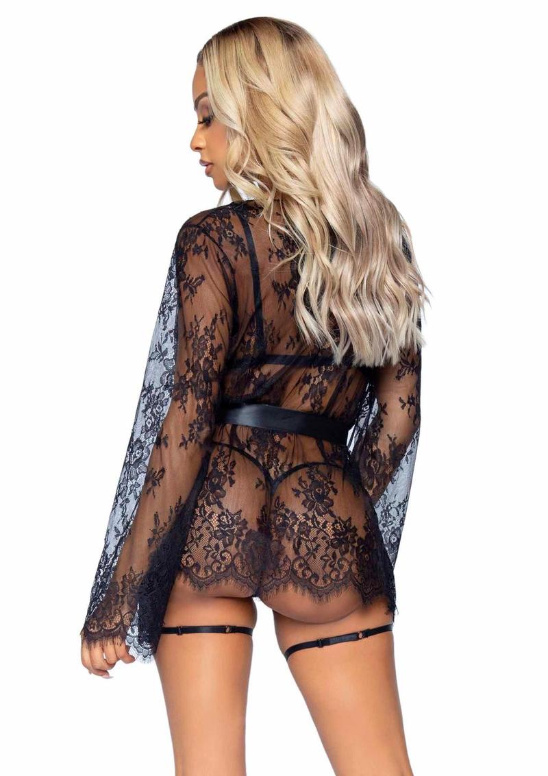 "Leg Avenue Eyelash Lace Garter Teddy with G-String Back and Adjustable Straps, Lace Robe and Ribbon Tie"