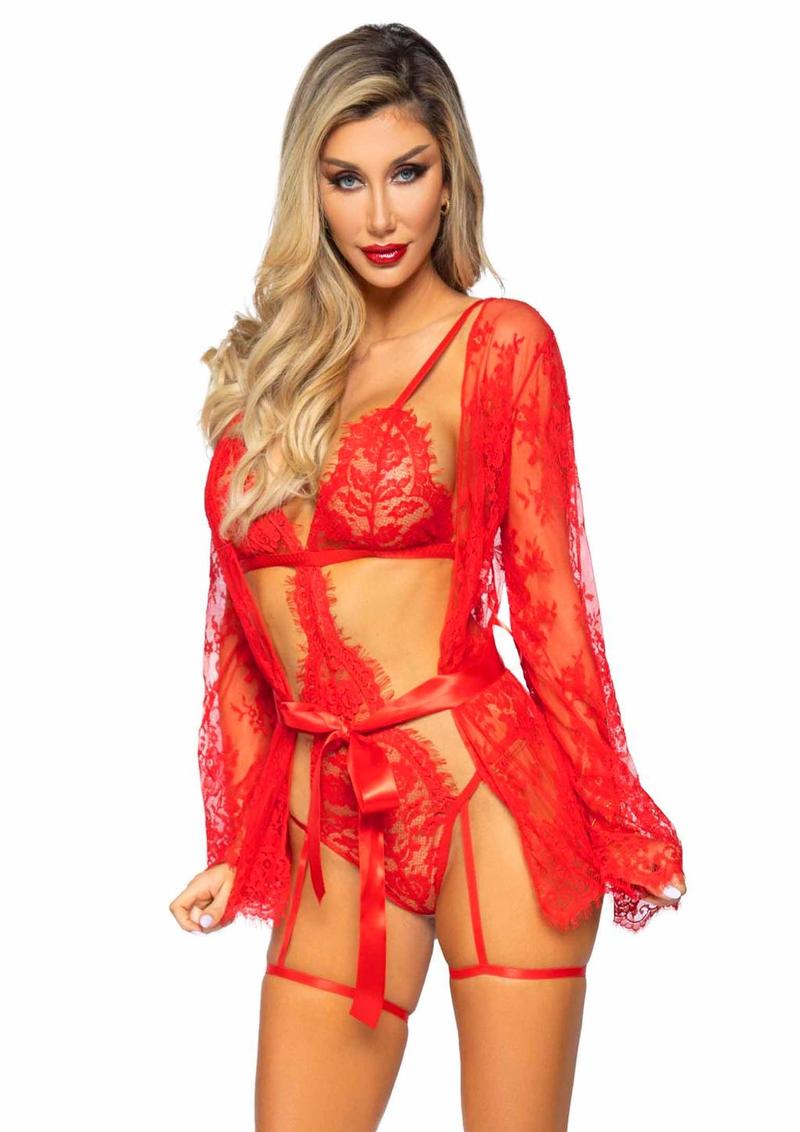 "Leg Avenue Eyelash Lace Garter Teddy with G-String Back and Adjustable Straps, Lace Robe and Ribbon Tie"