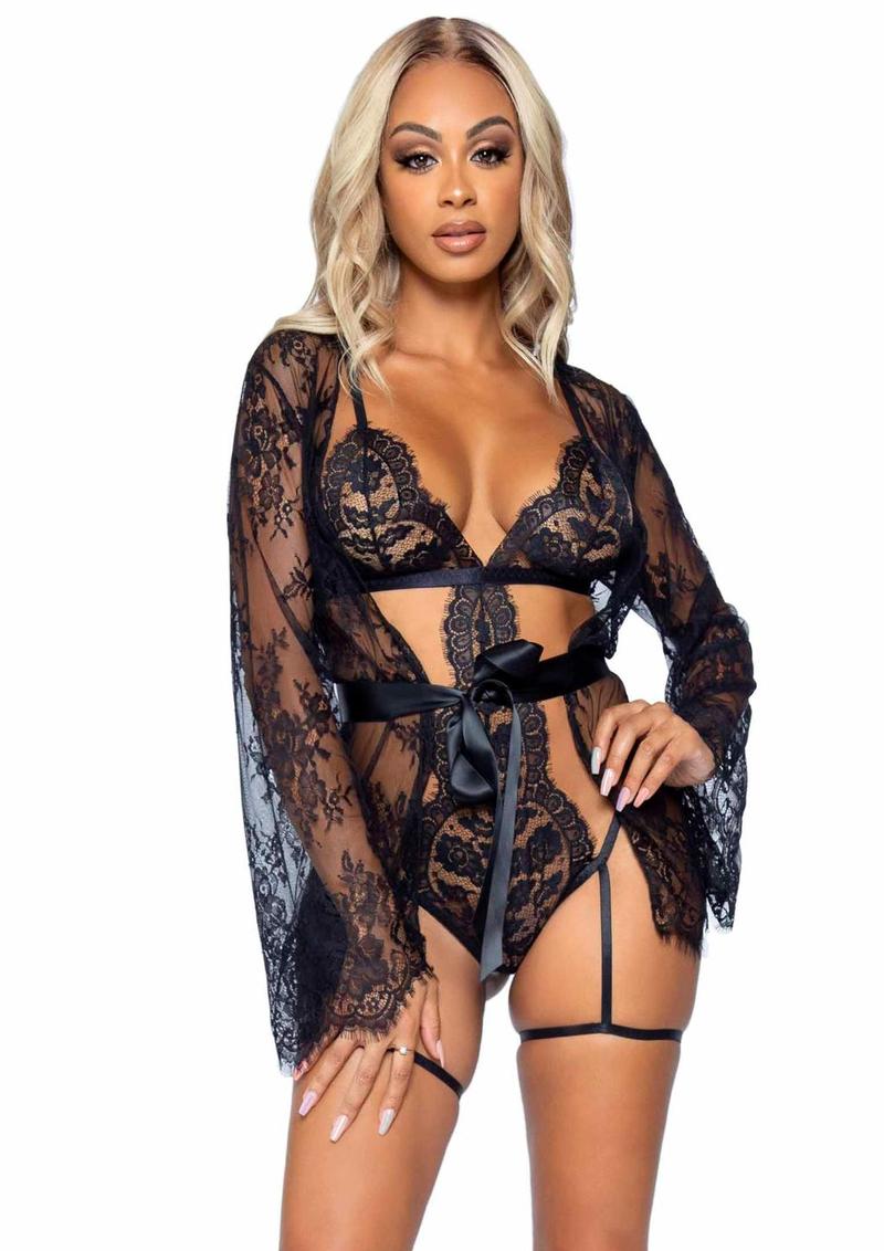 "Leg Avenue Eyelash Lace Garter Teddy with G-String Back and Adjustable Straps, Lace Robe and Ribbon Tie"