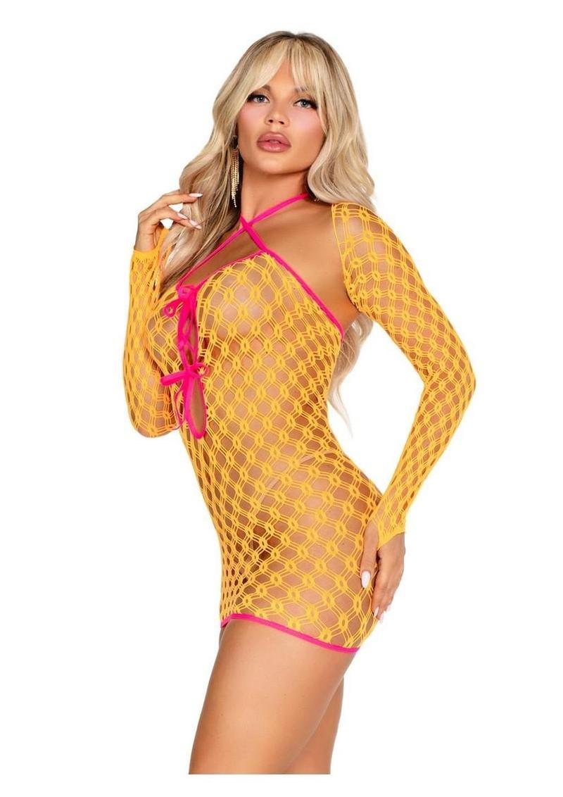 Leg Avenue Eyelet Net Mini Dress with Tie-Front Keyhole Detail and Shrug