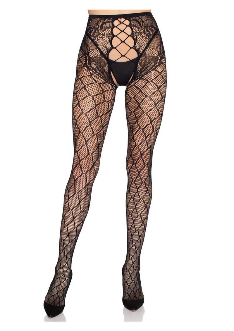 Leg Avenue Faux Layer Net Tights with Crotchless Floral Panty