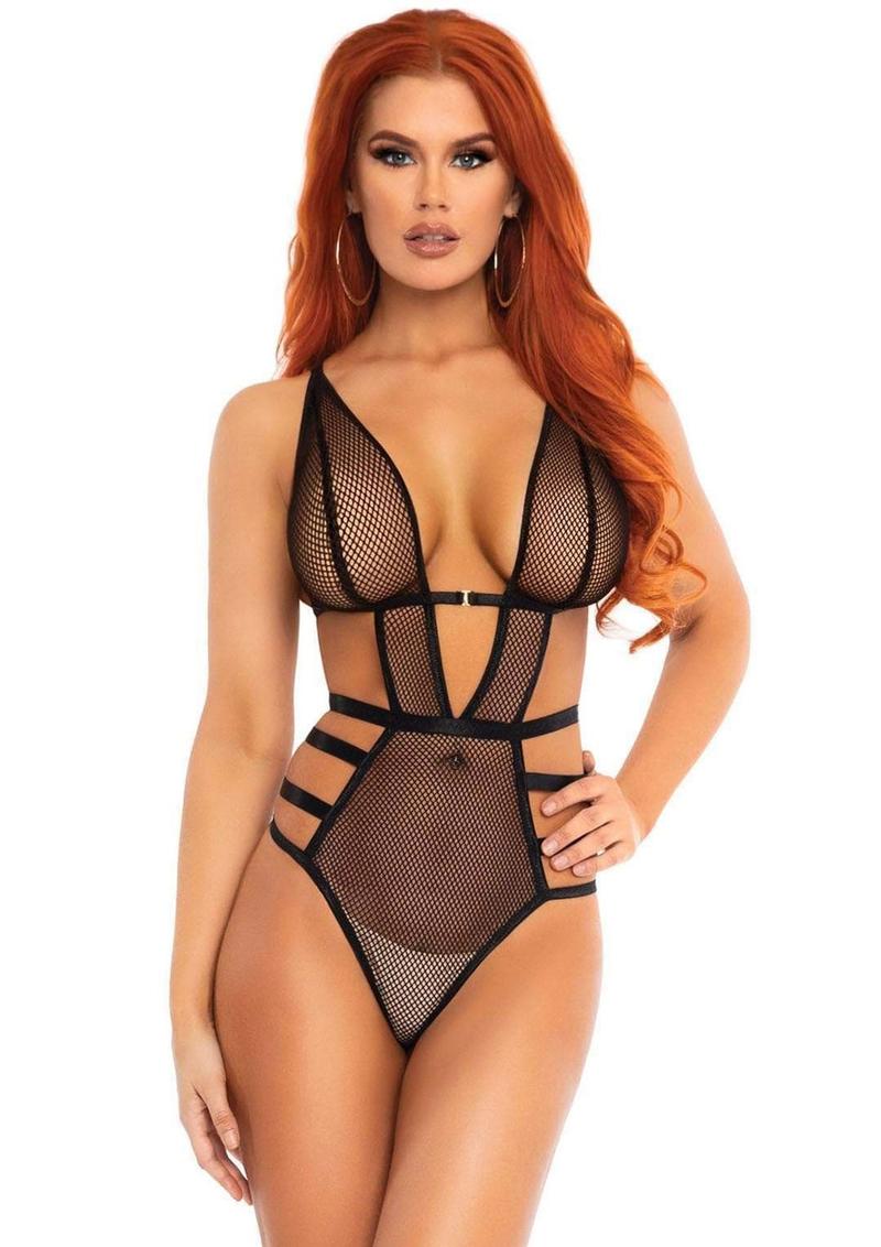 Leg Avenue Fishnet Cut Out Strappy G-String Teddy with Adjustable Straps
