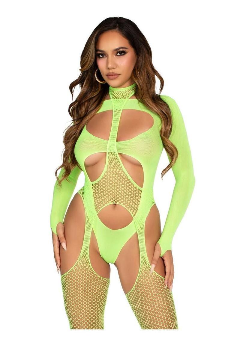 Leg Avenue Fishnet Halter Suspender Bodystocking and Layered Opaque Cut-Out Teddy