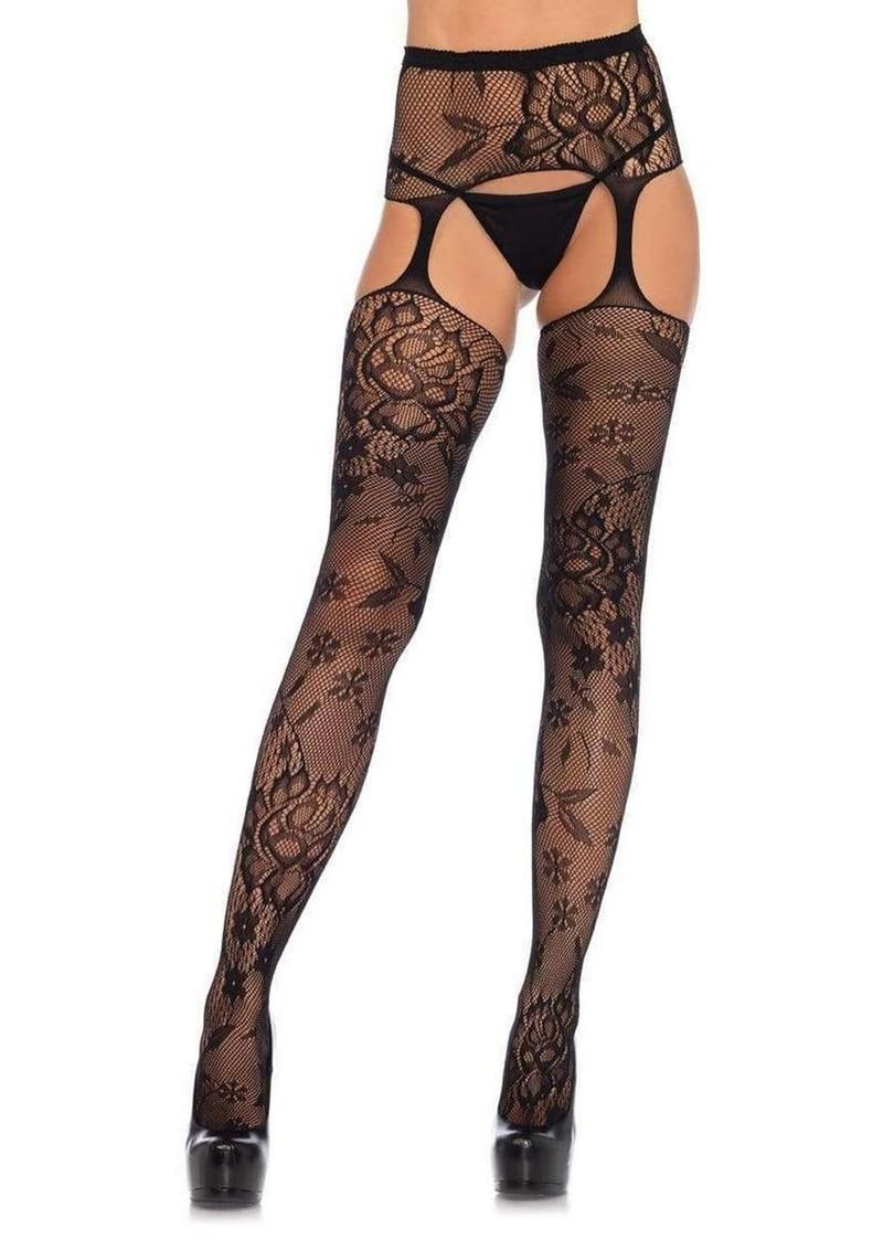 Leg Avenue Floral Lace Stockings with Attached High Waist Garter Belt