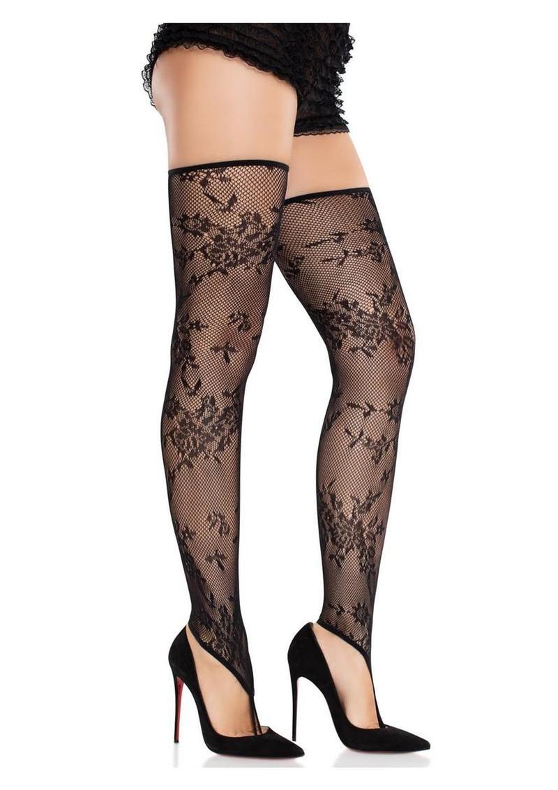 Leg Avenue Floral Net Toe Loop Footless Thigh Highs