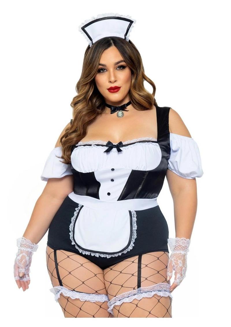 "Leg Avenue Foxy Frenchie Garter Bodysuit with Attached Apron, Choker, and Hat Headband"