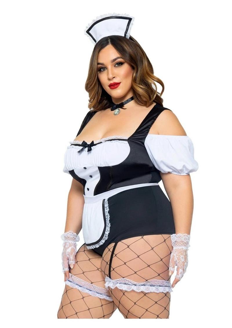 "Leg Avenue Foxy Frenchie Garter Bodysuit with Attached Apron, Choker, and Hat Headband"