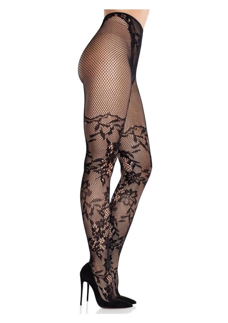 Leg Avenue French Cut Dahlia Lace Tights with Net Thigh Detail
