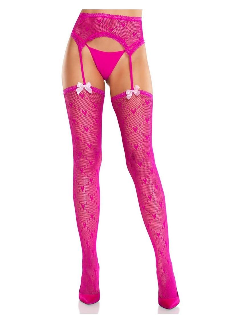 Leg Avenue Heart Lace Trimmed Heart Net Stockings with Attached Garter Belt