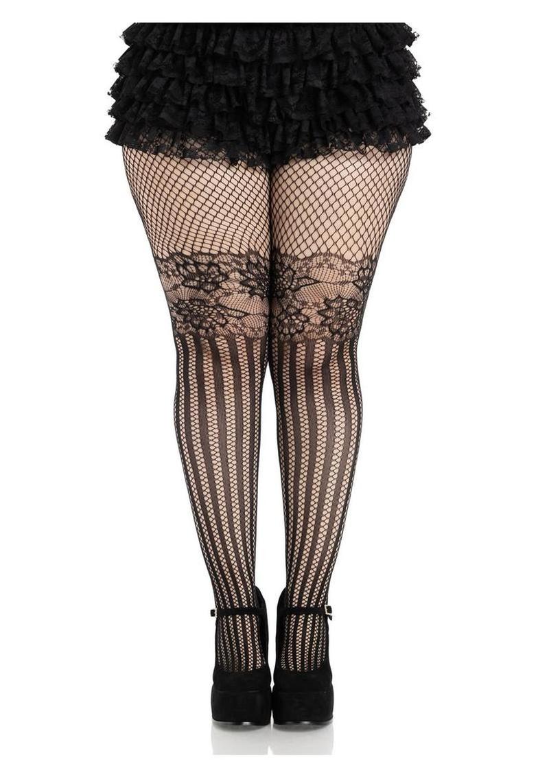Leg Avenue Illusion Lace Top Net Striped Tights - 1x/2x