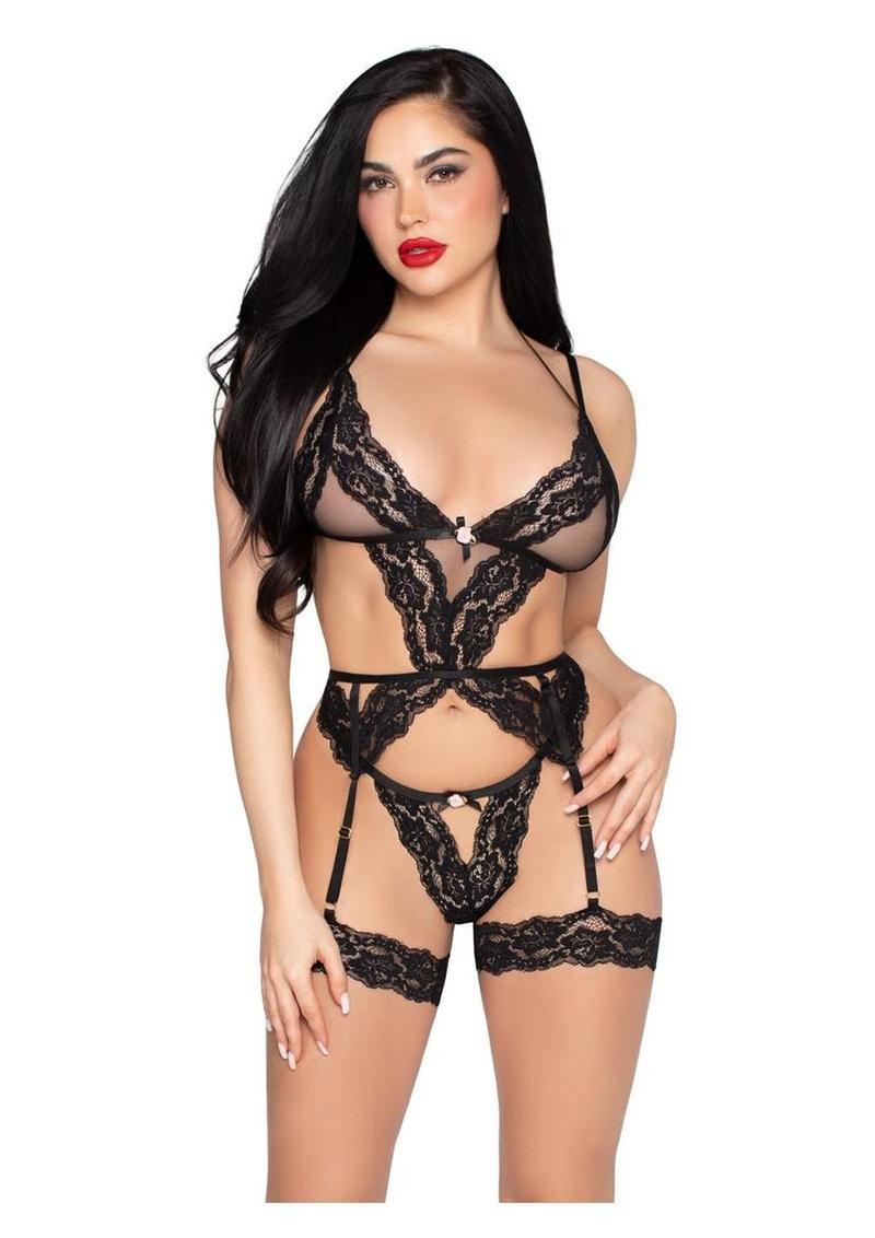 Leg Avenue Lace and Sheer Cami Garter with Rosette Accent and Matching G-String Panty