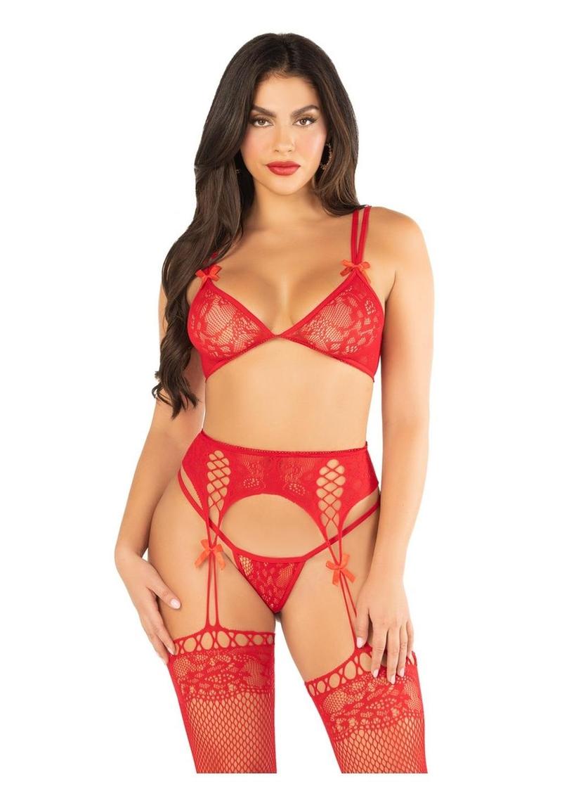 Leg Avenue Lace Bra Top with Dual Strap Detail, G-String Panty and Lace Top Garter Belt Stockings