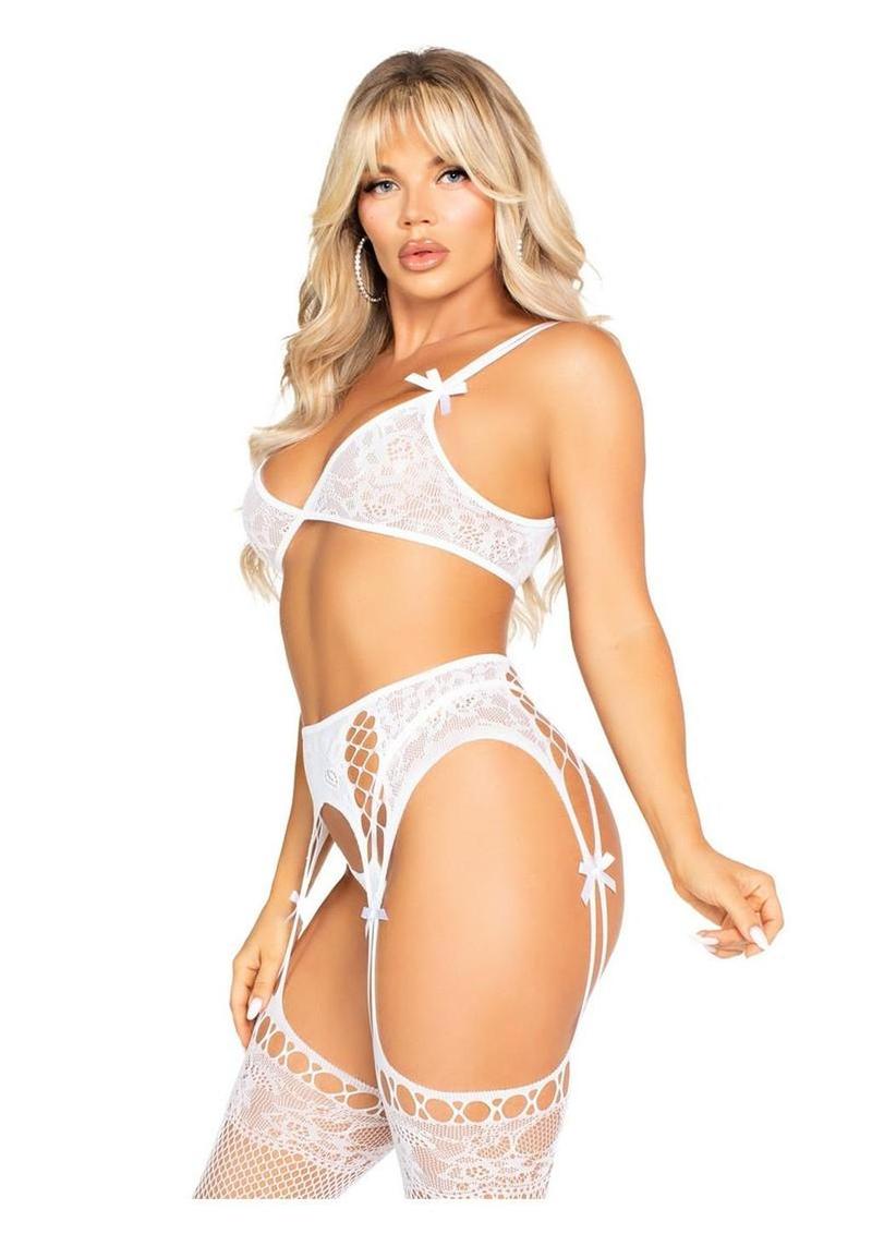 Leg Avenue Lace Bra Top with Dual Strap Detail G-String Panty and Lace Top Garter Belt Stockings