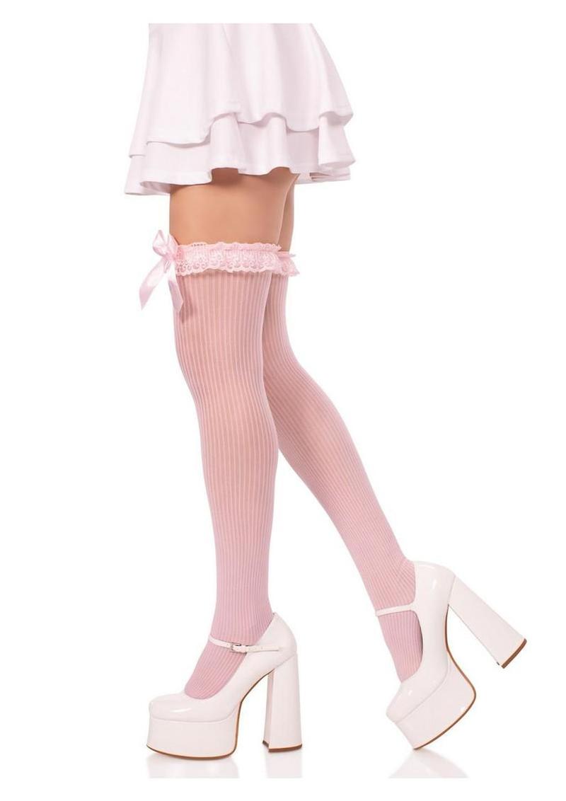 Leg Avenue Lace Garter Sheer Striped Thigh Highs with Satin Bow Accent