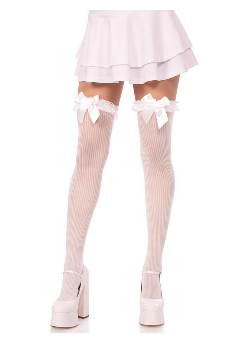 Leg Avenue Lace Garter Sheer Striped Thigh Highs with Satin Bow Accent