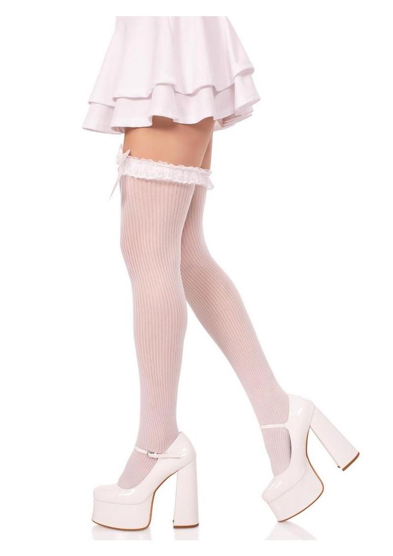 Leg Avenue Lace Garter Sheer Striped Thigh Highs with Satin Bow Accent