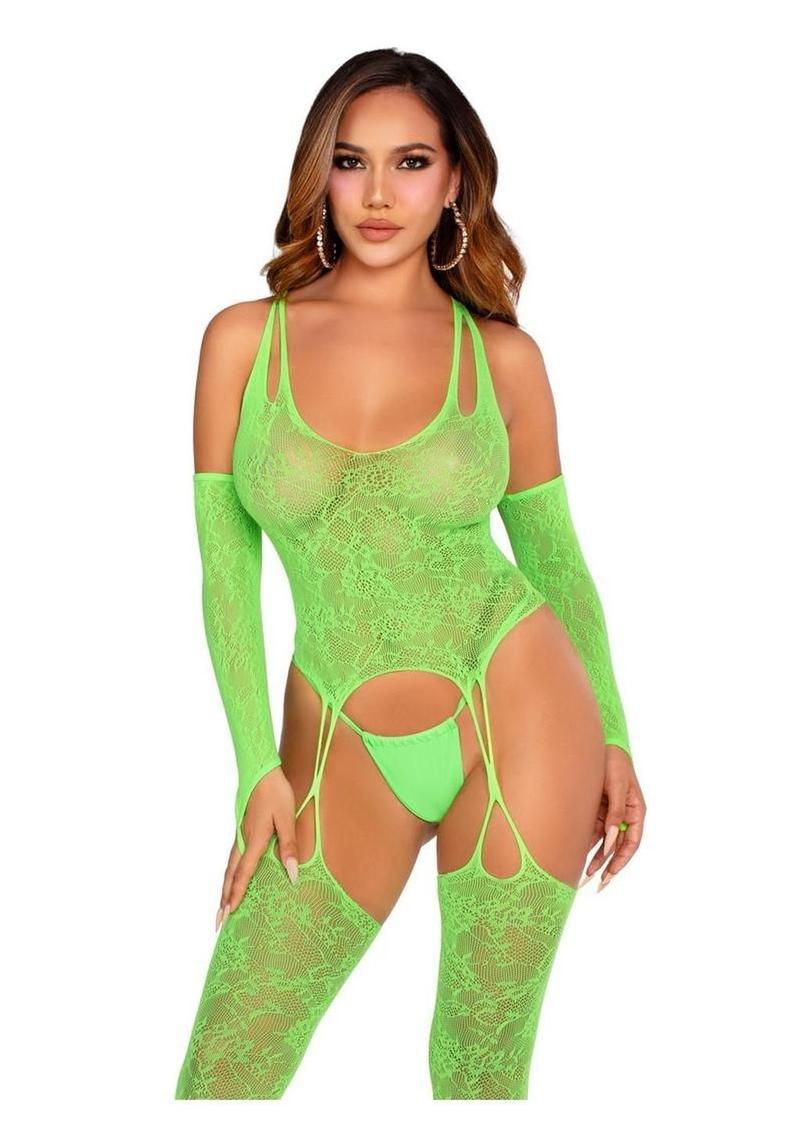 Leg Avenue Lace Halter Footless Cami Garter with Attached Toe Loop Stockings and Arm Warmers