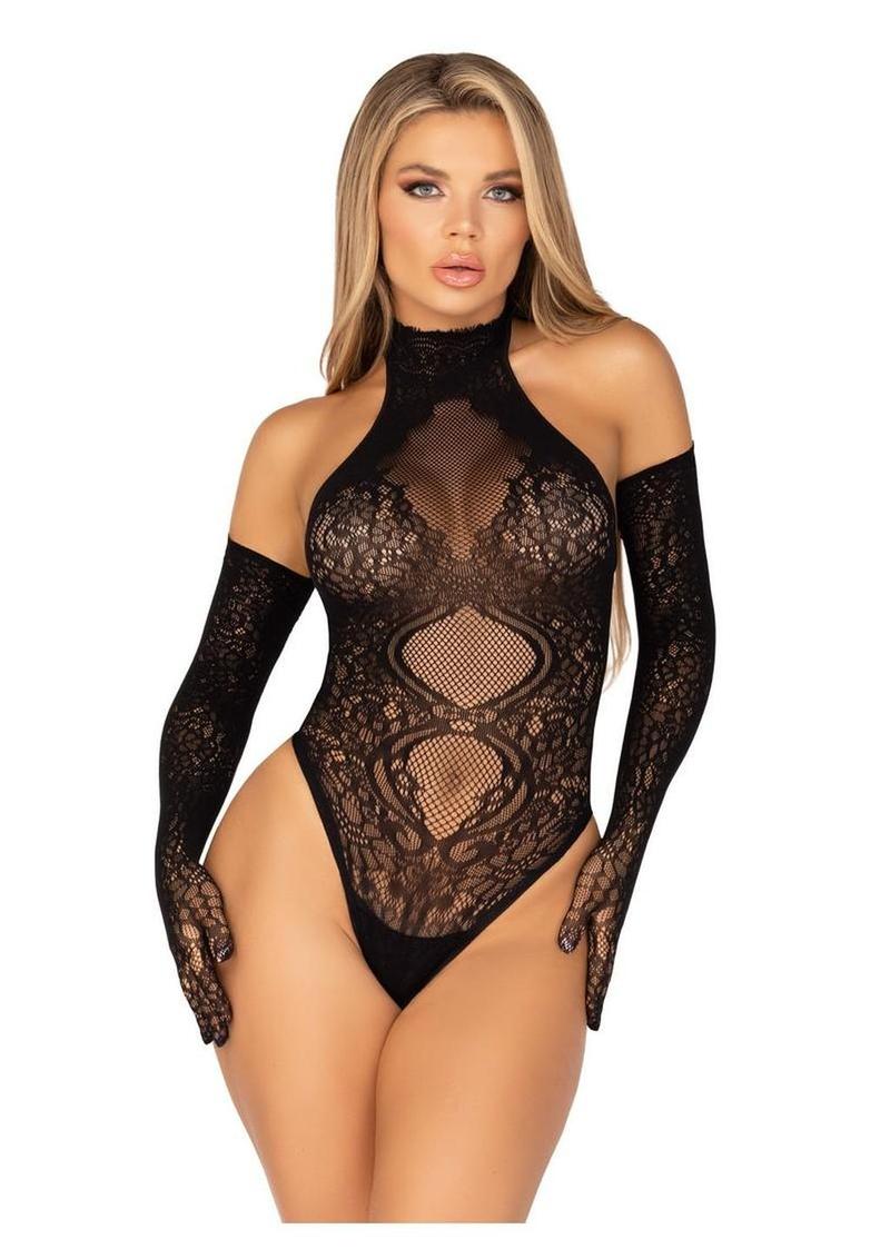 Leg Avenue Lace Halter Teddy and Matching Long Lace Gloves