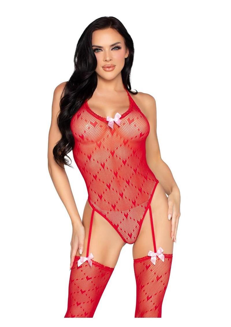 Leg Avenue Mini Heart Trimmed Heart Net Teddy with Attached Stockings